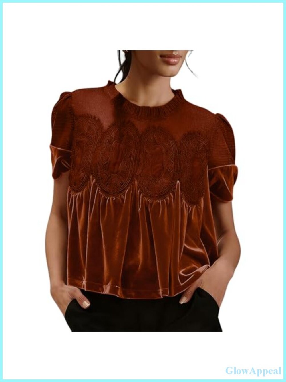 Velvet Lace Babydoll Blouse Pleated Flared Swing Short Sleeve Loose Fit Top